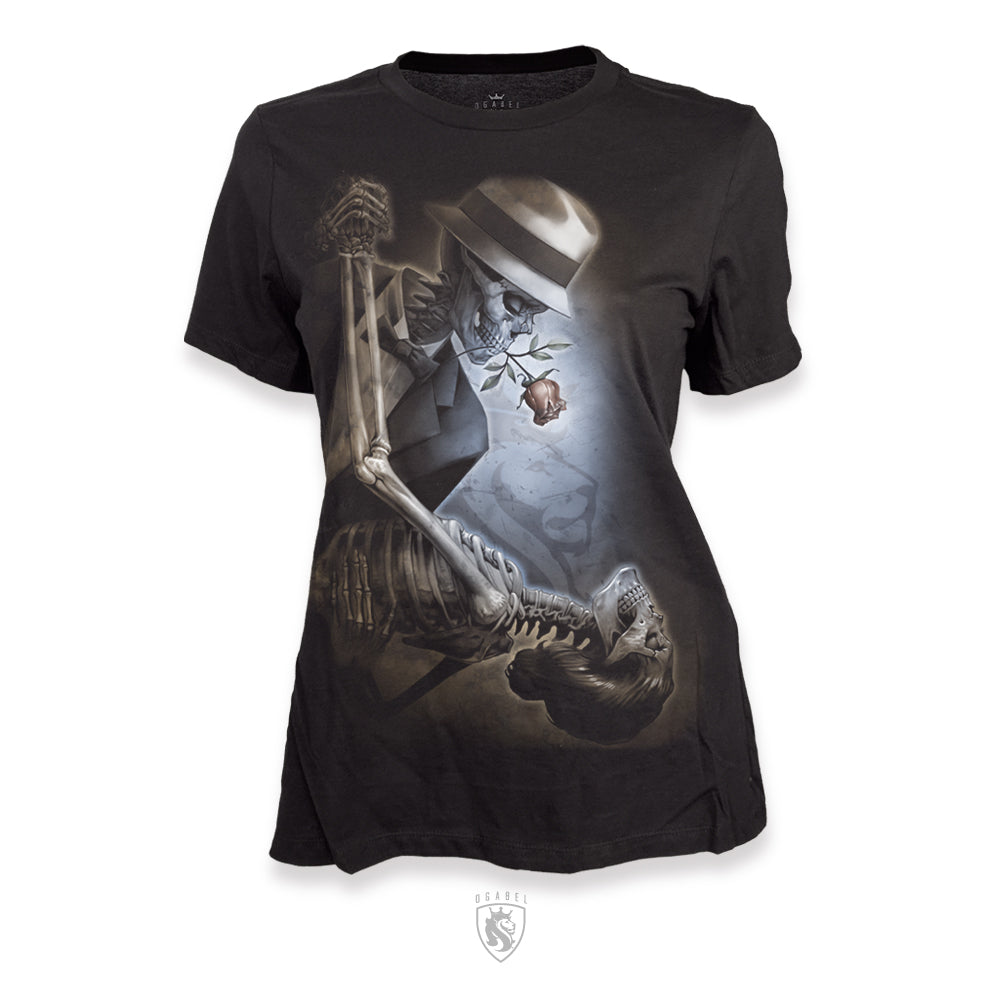 Black t-shirt with a skeleton design on a white background