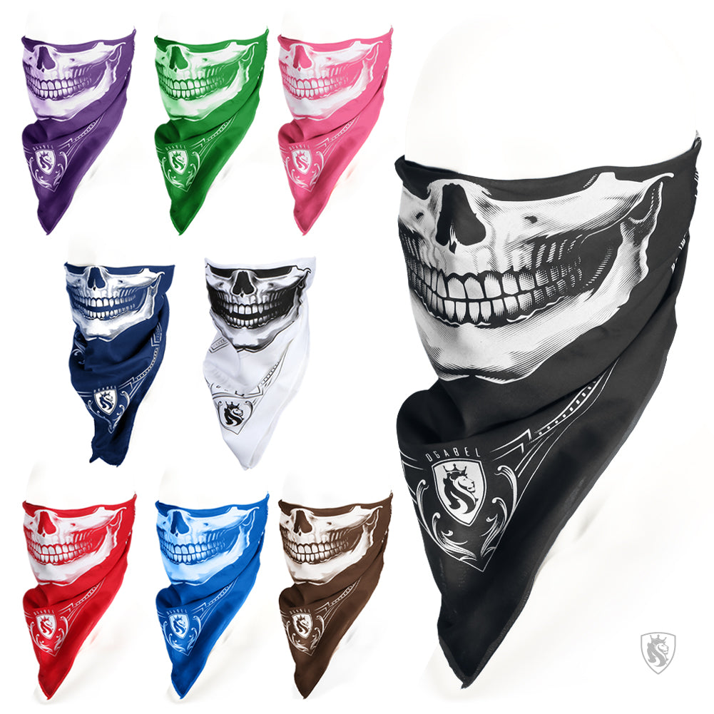 Collection of skull-themed bandanas in various colors on a white background