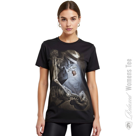 Woman wearing a black t-shirt with a graphic design on a white background