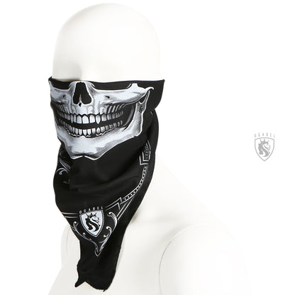 A black bandana with a white skull and crossbones pattern, displayed on a mannequin head.